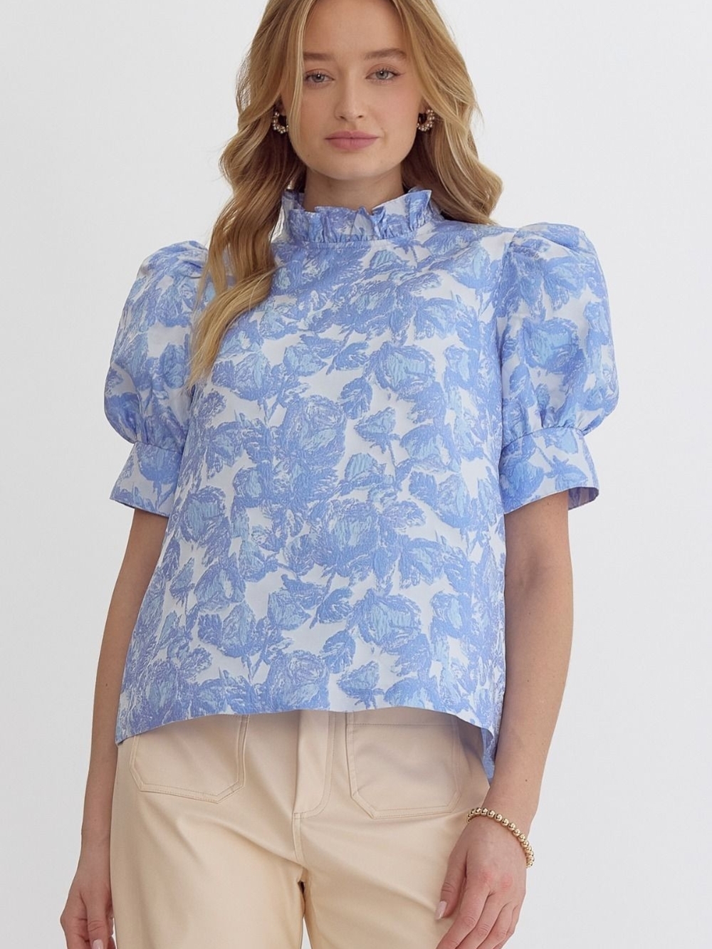 Blue Floral Puff-Sleeve Ruffle Neck Blouse BY ENTRO NWT